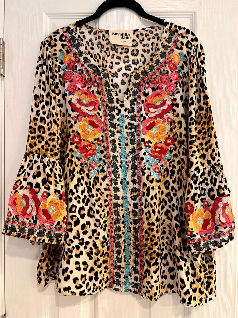 Savanna Jane Bell Sleeve Leopard Print Embroidered Floral Tunic Blouse Top L